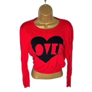 Forever 21 “Lover” Cropped Crewneck Knit Sweater Red Combo S Juniors